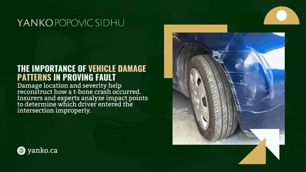 The Importance of Vehicle Damage Patterns in Proving Fault. Close-up of a blue car's damaged front wheel and fender with scratches, dents, and impact marks from a collision.