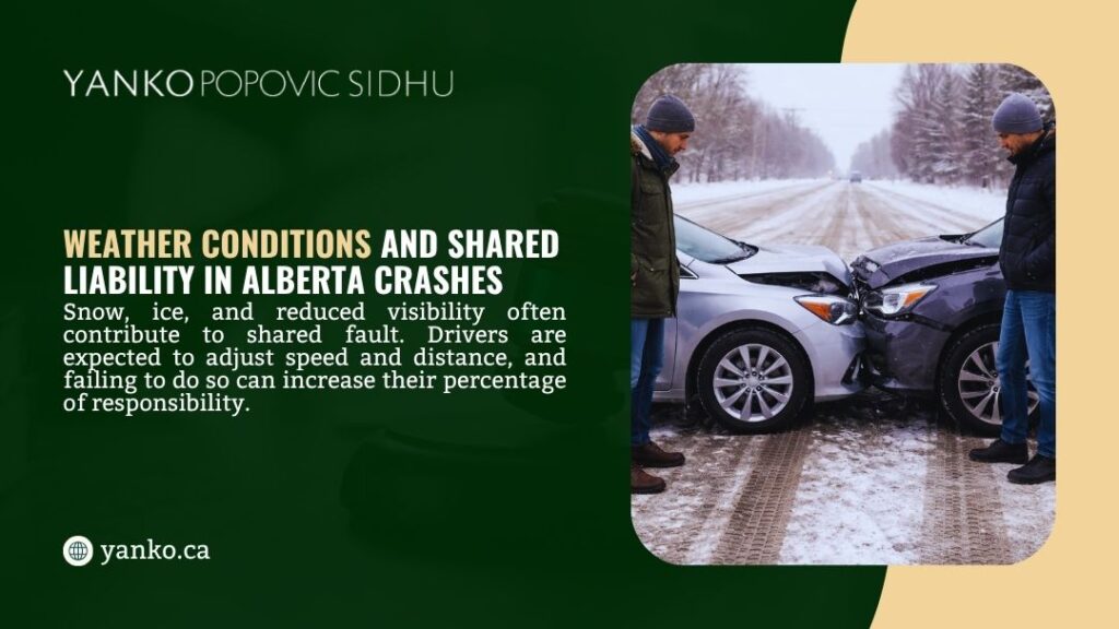 Weather Conditions and Shared Liability in Alberta Crashes. Two men inspecting front-end collision between silver and dark cars on a snowy winter road, showing how ice and reduced visibility often lead to shared fault.