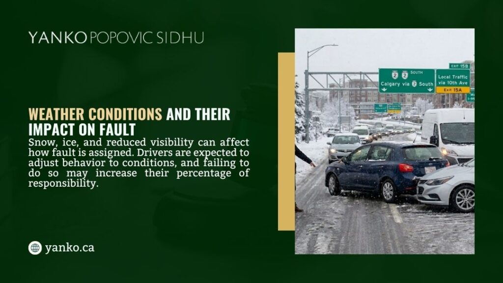 Cars colliding on a snowy icy road in Alberta, illustrating how weather conditions impact fault assignment in car accident claims.