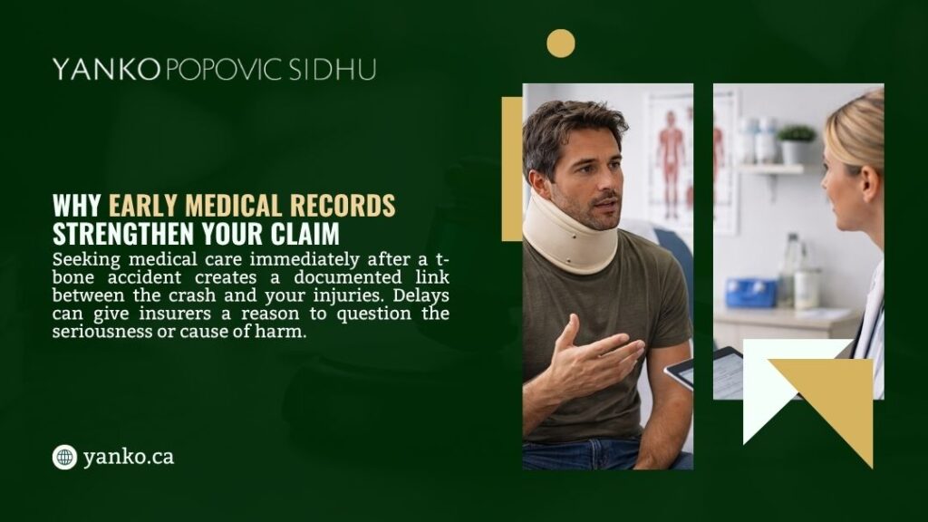 Why Early Medical Records Strengthen Your Claim. Man wearing a cervical neck brace speaking and gesturing to a female doctor during a medical consultation in a clinic setting.