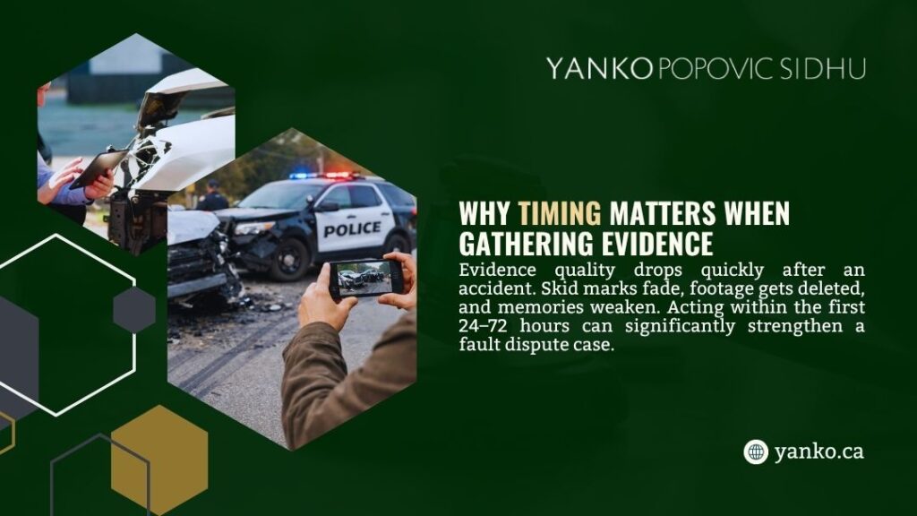 Why Timing Matters When Gathering Evidence. Composite image showing a car accident scene with damaged white vehicle, police car, and hands holding a smartphone to photograph the crash. Text stresses acting within 24-72 hours to preserve evidence.