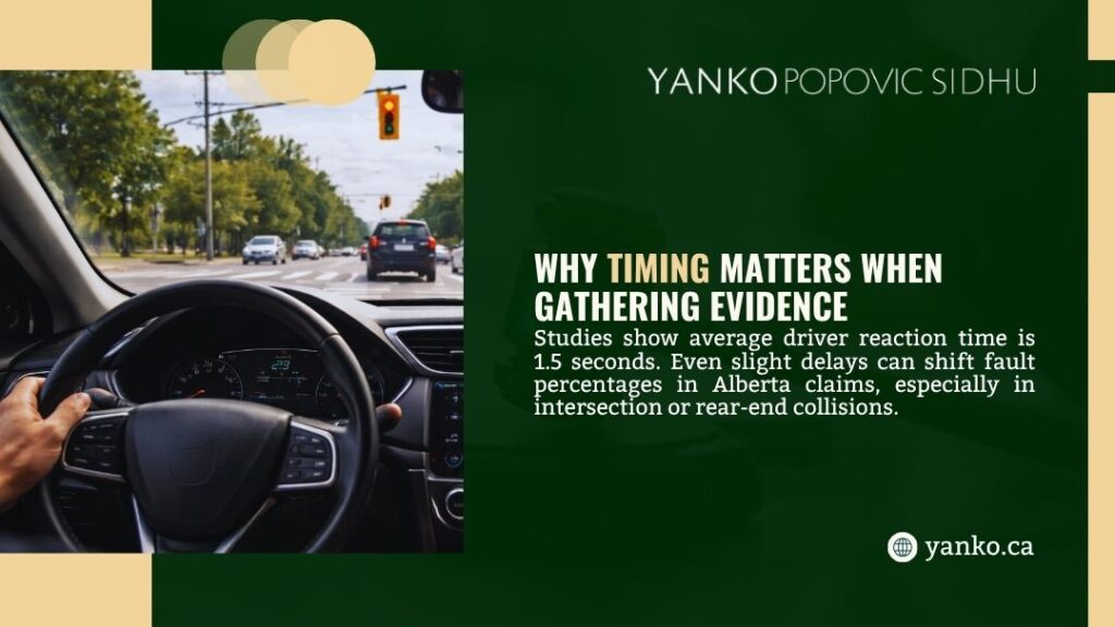 Why Timing Matters When Gathering Evidence. Driver’s point-of-view inside a car, hands on steering wheel approaching an intersection with traffic lights and other vehicles ahead. Text highlights how reaction time affects fault in Alberta claims.