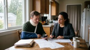An injured man in a neck brace and arm sling reviews future care cost documents with a lawyer, showing what to know before settling a personal injury claim.