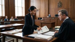 A lawyer presents financial charts to a judge in a Canadian courtroom, supporting a future earning capacity claim in a personal injury case.