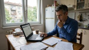 A man reviews injury claim documents on a laptop at his kitchen table, illustrating how long to wait before settling an injury claim in 2026.