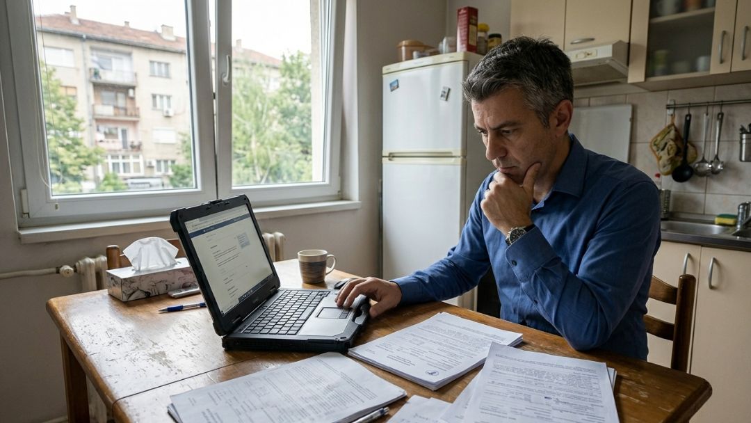 A man reviews injury claim documents on a laptop at his kitchen table, illustrating how long to wait before settling an injury claim in 2026.