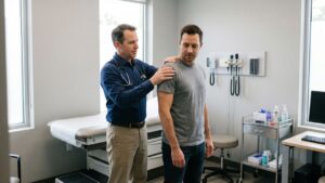 A doctor examines a male patient's shoulder in a clinical exam room, illustrating what to expect at an independent medical exam for injury claims.
