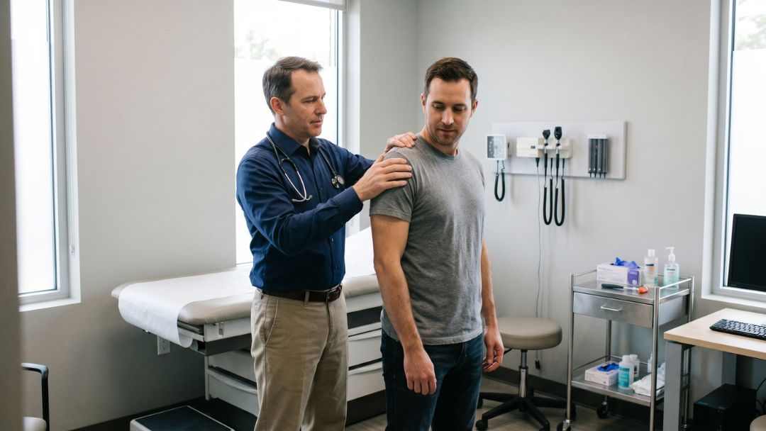 A doctor examines a male patient's shoulder in a clinical exam room, illustrating what to expect at an independent medical exam for injury claims.