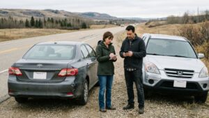 Drivers exchanging information on rural Alberta roadside, illustrating whether you can still make a claim if you didn't call police after an accident.