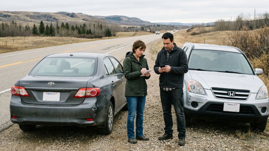 Drivers exchanging information on rural Alberta roadside, illustrating whether you can still make a claim if you didn't call police after an accident.
