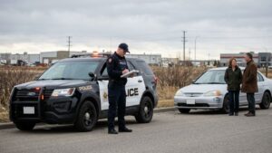 Police officer documenting accident scene with drivers nearby, illustrating how long you have to report a car accident in Alberta.