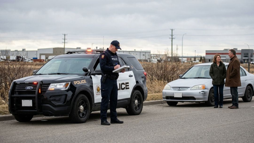 Police officer documenting accident scene with drivers nearby, illustrating how long you have to report a car accident in Alberta.