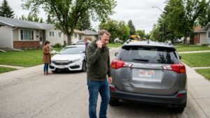 Man on phone after minor fender bender on residential street, illustrating whether you should call a lawyer after a minor car accident in Alberta.