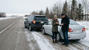 Drivers exchanging information roadside after collision, illustrating what to do immediately after a car accident in Alberta's winter conditions.