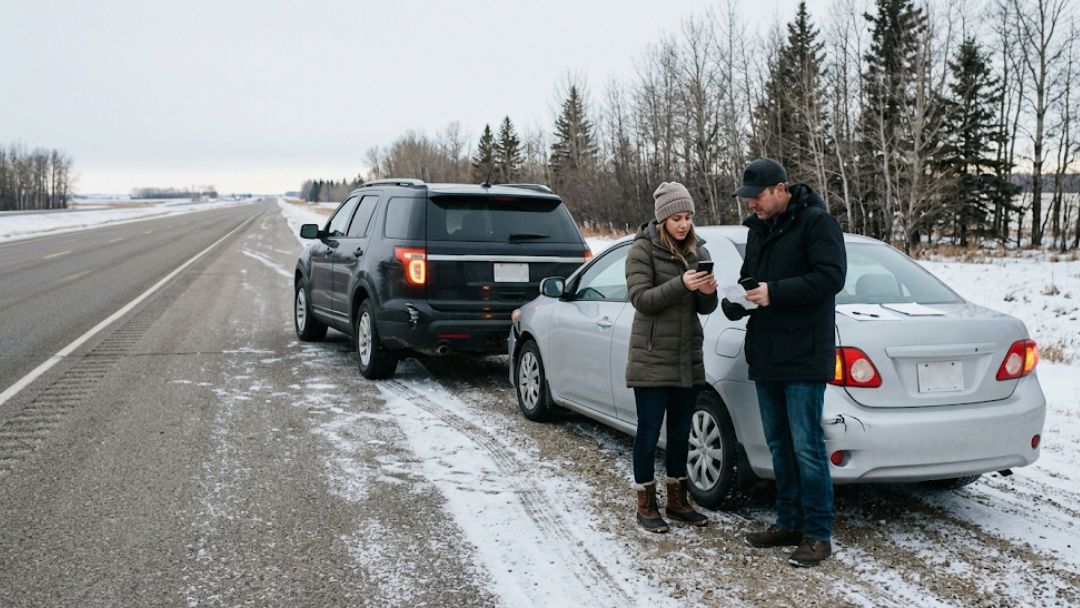 Drivers exchanging information roadside after collision, illustrating what to do immediately after a car accident in Alberta's winter conditions.